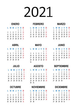 Spanish yearly calendar 2021. Week starts from Monday. Vector illustration