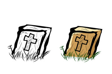 Simple Vector Doodle Hand Draw Sketch, Christian Stone Grave and grass, Isolated on White
