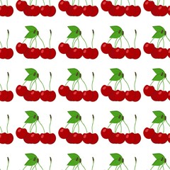 Seamless pattern with bright red bunches of cherries and leaves on a white background. Print for bed linen and fabrics, wrapping paper and wallpaper.
 Stock vector illustration for decoration, design.