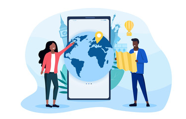 Fototapeta na wymiar Travel Choice concept with black couple choosing a global destination using an app and map, colored vector illustration