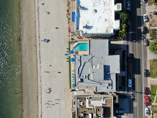 Aerial view of Mission Bay and Beaches with big wealthy villa in San Diego, California. USA. Californian beach-lifestyle.