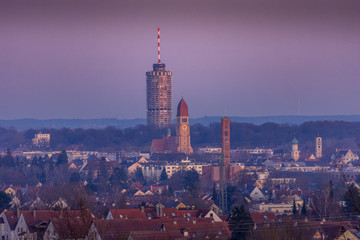 View on Augsburg skyline during blue hour