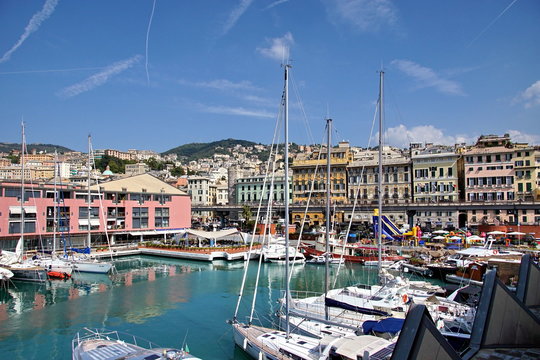 Genoa landscape from the old city to the "Porto Antico", (Ancient Port) and the skyline, Genoa, Italy.