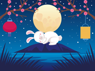mid autumn celebration card with rabbit and fullmoon