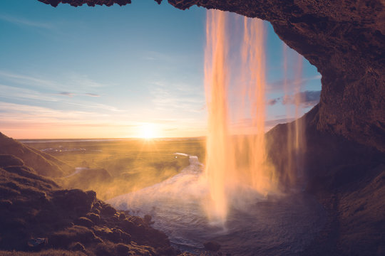 Seljalandfoss waterfall in sunset time, Iceland © Iakov Kalinin