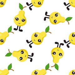 Seamless pattern with bright yellow pears with eyes and legs on a white background. Print for bed linen and fabrics, wrapping paper and wallpaper.
 Stock vector illustration for decoration and design.