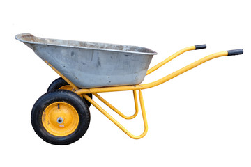 dirty metal wheelbarrow cart isolated on white