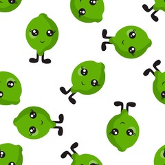 Seamless pattern with bright limes with eyes and legs on a white background. Print for bed linen and fabrics, wrapping paper and wallpaper.
Stock vector illustration for decoration and design.