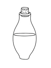 Vector outline illustration of witch poison bottle, fiol for making magic, cooking a potion, simple doodle hand drawn image, black and white drawing for Halloween holiday celebrations