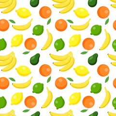 Seamless pattern with bananas, avocados, lemons, tangerines, limes and oranges on a white background. Fruit print for bed linen and fabrics, wrapping paper and wallpaper.
Stock vector illustration