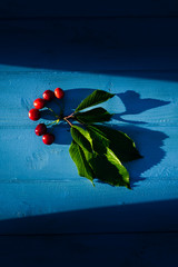 Red cherry with leaves on blue wooden background