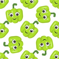 Seamless pattern with green sweet peppers with cute eyes on a white background. Vegetable print print for bed linen and fabrics, wrapping paper and wallpaper.
Stock vector illustration for decoration 