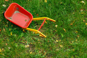 Children toys outdoors on green grass.