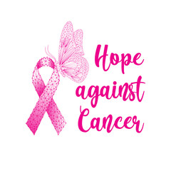 Breast cancer awareness banner template with geometric pink line and dots ribbon, butterfly