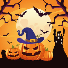 happy halloween card with castle and pumpkins scene