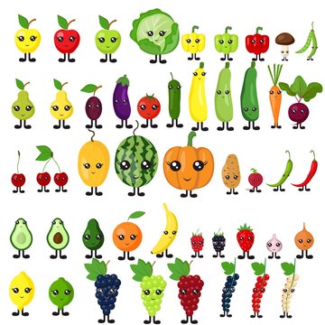
Set of fruits, vegetables, berries in a flat style with cartoon eyes and legs isolated on a white background. Healthy lifestyle, vegetarianism.
 Stock vector illustration for decoration and design.