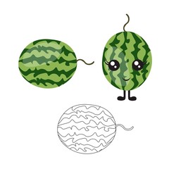 Bright watermelon with cute cartoon eyes and legs in a flat style isolated on a white background. Vegetarianism with berries and proper nutrition.
 Stock vector illustration for decoration and design.