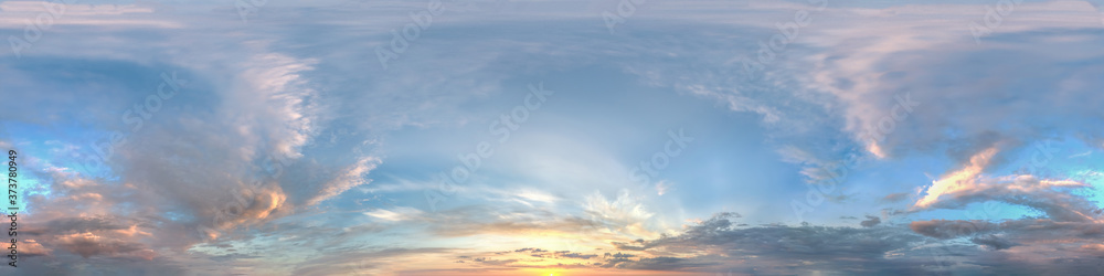 Sticker hdr panorama of sunset sky with clouds without ground, for easy use in 3d graphics and panorama for 