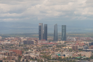 Madrid, Spain financial district skyline in a cloudy day. Buildings, Landmarks, Business, Finance.