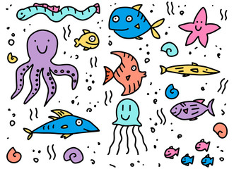 Naklejka premium Fish in doodle style. Hand-drawn cute, cartoon, funny fishes, octopus, jellyfish, marine life. Concept of ocean. Vector illustration isolated on a white background.