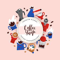 Coffee packaging label design, modern arrangement with illustrations of coffee tools and drinks in cups, mugs, decorative menu design template, good for menu cover, poster, banner