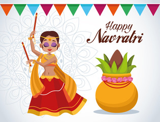 happy navratri celebration card lettering with beautifull woman dancing and garlands