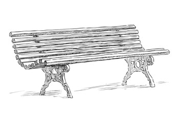Freehand drawing of old wooden park bench