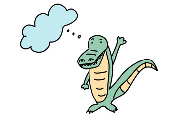 Crocodile Doodle. Cartoon cute alligator waves his hand. Hand-drawn vector illustration isolated on a white background.