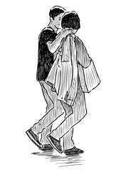 Sketch of couple young citizens walking together along street