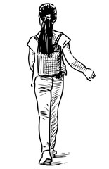 Sketch of little school girl walking along street on summer day