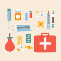 Set various Medical equipment: drugs, thermometer, pills, mask, patch, cone, syringe, bottle. Hand drawn Vector illustration.