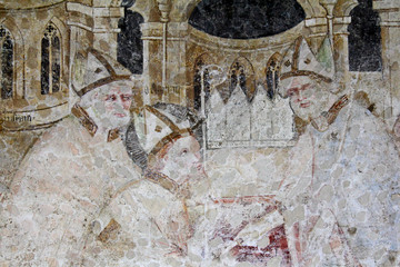 tre vescovi; affresco nella chiesa di San Cipriano a Sarentino (Bolzano)