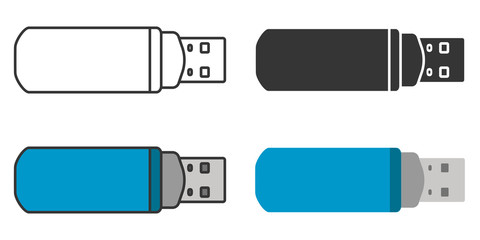 Usb flash drive in different styles. Set of various icons.