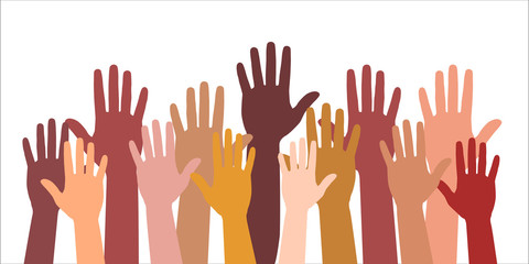 Colored volunteer crowd hands isolated on white background. Raised hand silhouettes, people colorful voting  illustration. Teamwork, collaboration, voting, volunteering concert.
