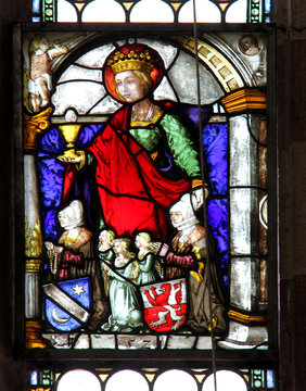 vetrata dipinta tardogotica (Santa Barbara e committenti) nella chiesa parrocchiale di Tesimo (Bolzano)l