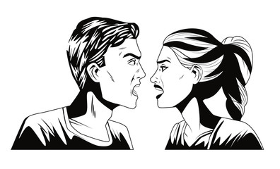 monochrome young couple angry characters pop art style