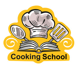 Cooking school design logo. Food studio or culinary master class icon. Concept cook workshop or education courses. Kitchen tools, chef hat with open recipe book Hand drawn vector illustration on white