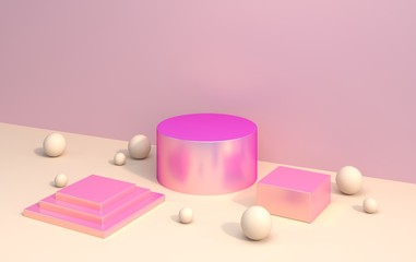 Podium for displaying goods from pink metal shapes with a background of pastel colors, 3d render