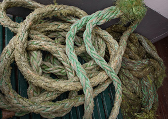 Fototapeta na wymiar Closeup view of an old green frayed boat rope. Nautical background. 