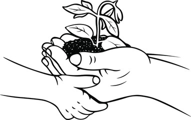 hand drawn agronomy sketch growth doodle two hands child and adult harvest soil and plant vector illustration black and white icon