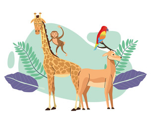 wild animals group with leafs plants scene