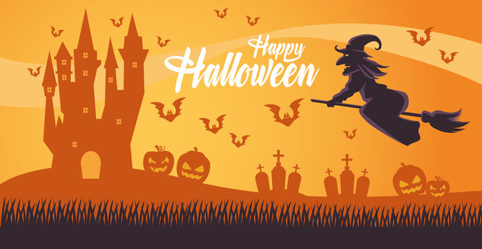happy halloween card with witch flying in broom and cemetery