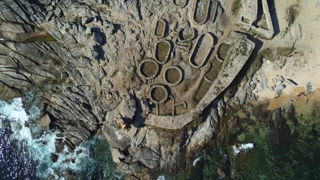 Celtic settlement of Castro de Baro&ntilde;a. Beach of Porto do Son, A Coru&ntilde;a. Galicia, Spain. Aerial Drone Footage