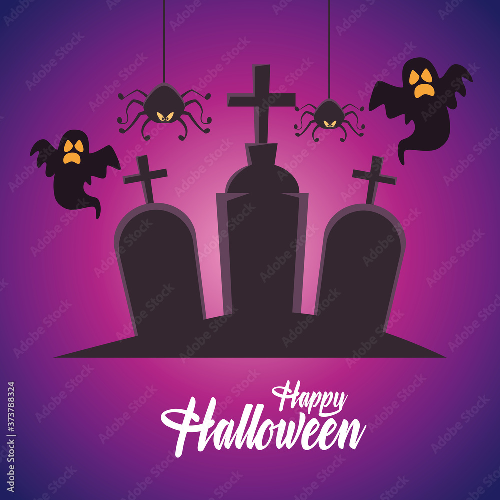 Wall mural happy halloween card with ghosts and spiders in cemetery