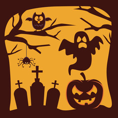 happy halloween card with pumpkin and ghosts floating in cemetery