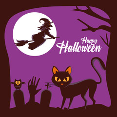 happy halloween card with witch flying in broom and cat in cemetery