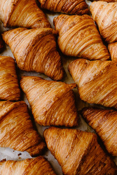 Close up of fresh-baked french croissants pastry on a tray.