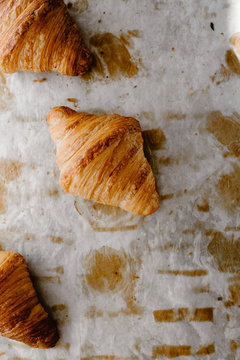 Close up of fresh-baked french croissants pastry on a tray.