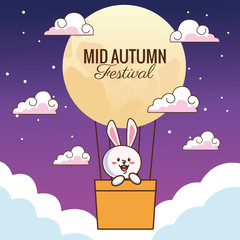 mid autumn celebration card with little rabbit floating in balloon air hot