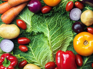 different vegetables on green cabbage leaves